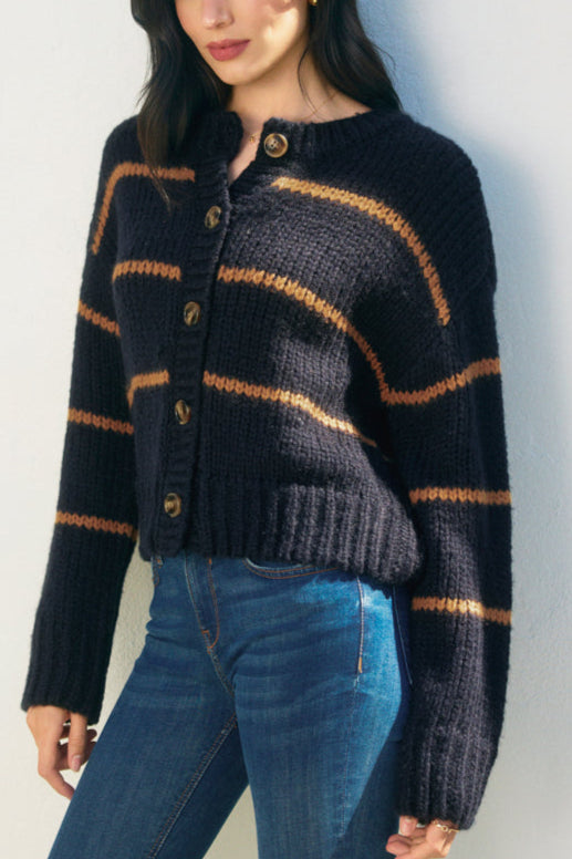 Oxford Striped Cardigan | Navy + Mocha