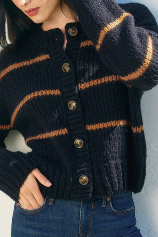 Oxford Striped Cardigan | Navy + Mocha