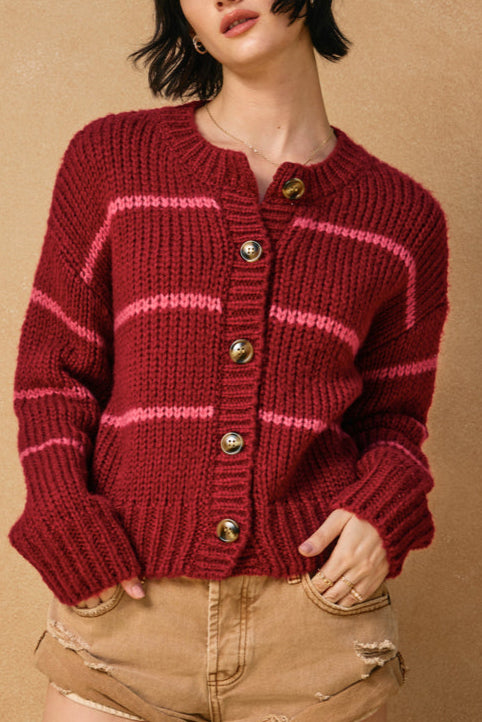 Oxford Striped Cardigan | Burgundy + Pink