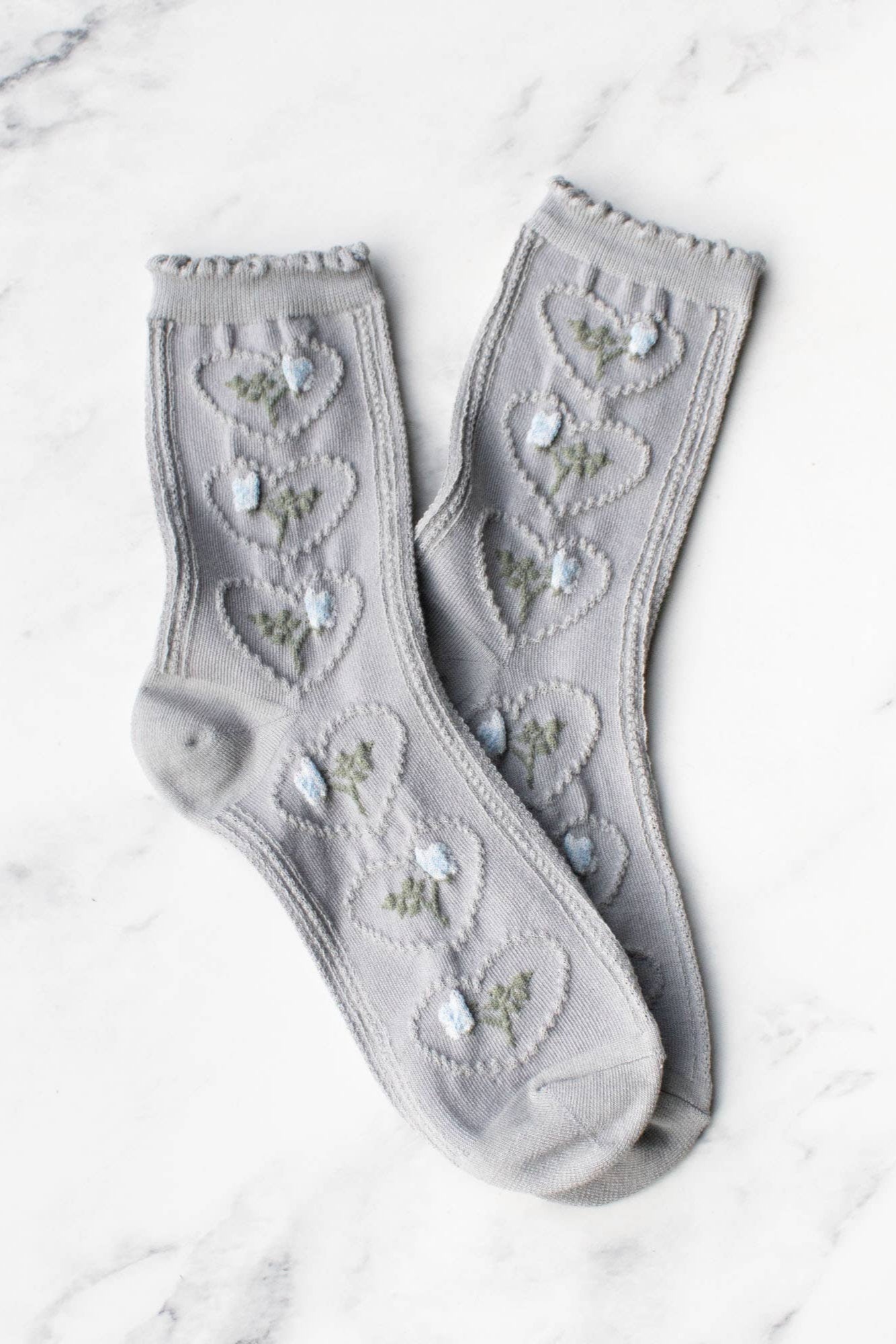 Vintage Rose & Heart Crew Socks | Gray Blue