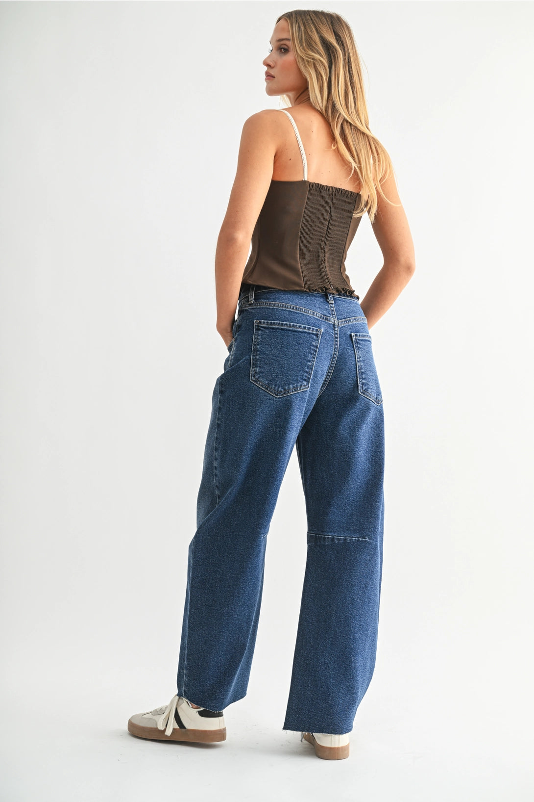 High Rise Barrel Leg Denim | Dark Wash