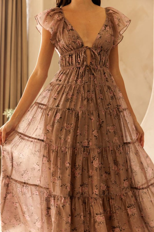 Mauve Floral Flutter Tiered Midi Dress