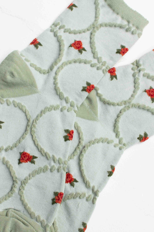 Antique Floral Socks | Sage Red