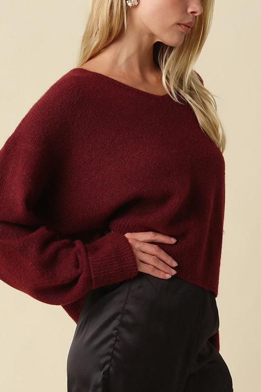 Cropped V Neck Sweater | Dark Red