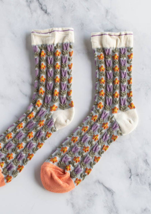 Vintage Floral Casual Socks | Beige + Coral