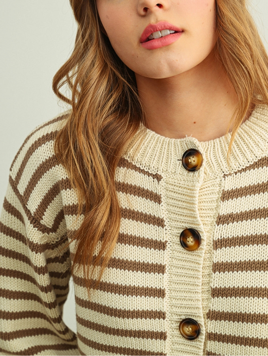 Cropped Stripe Cardigan | Mocha + White