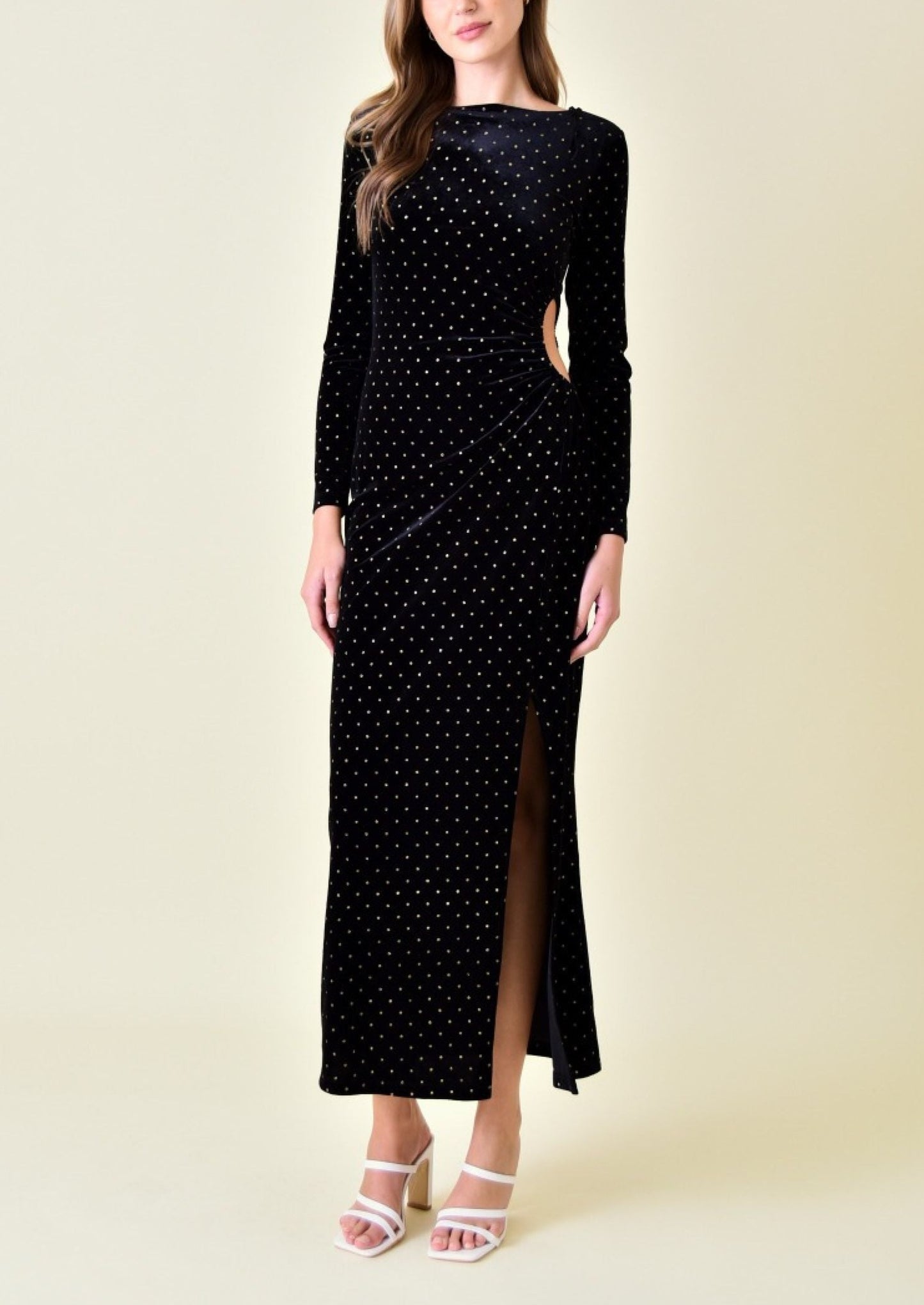 Dotted in Gold Velvet Maxi Dress