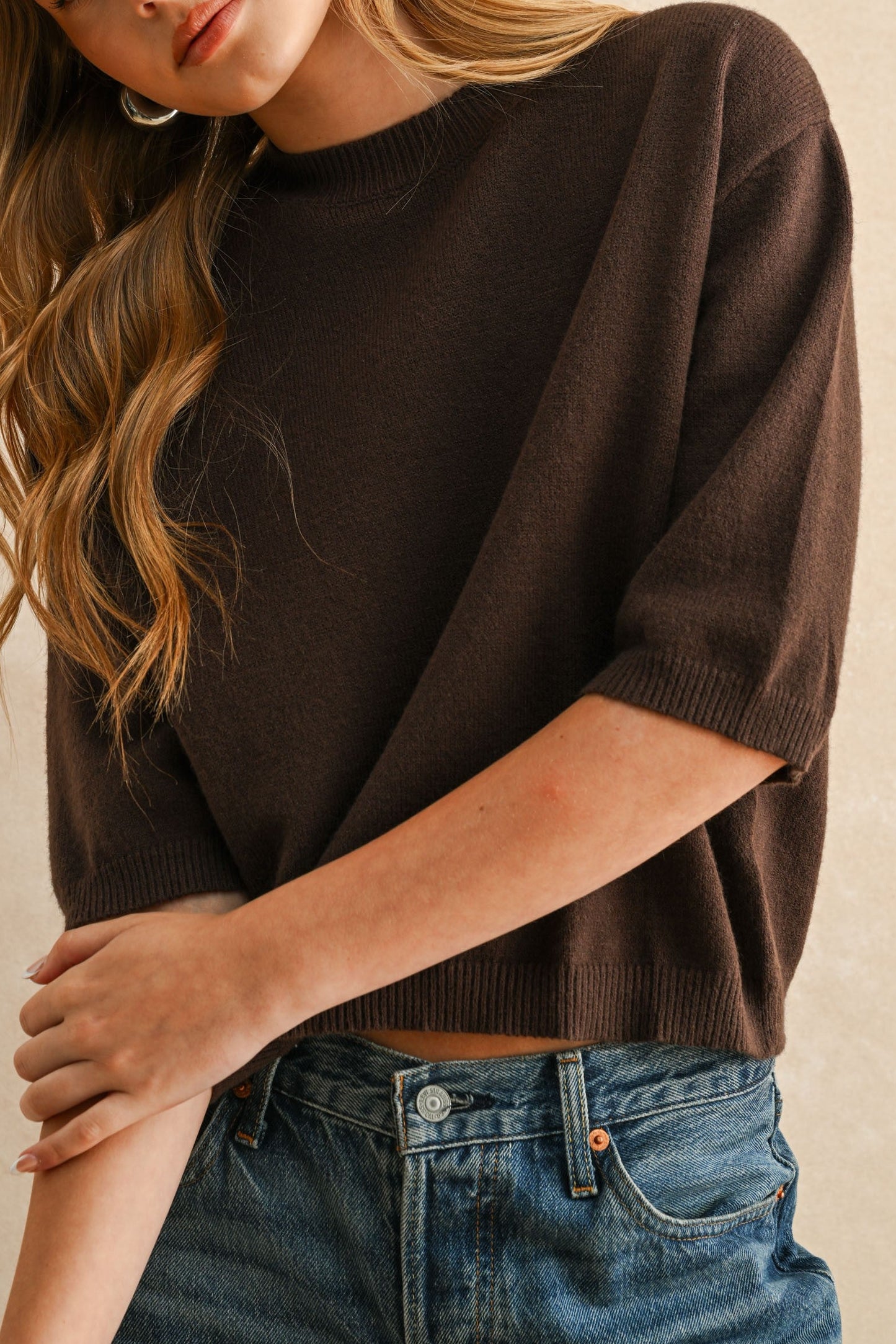 Short Sleeve Sweater Top | Brown