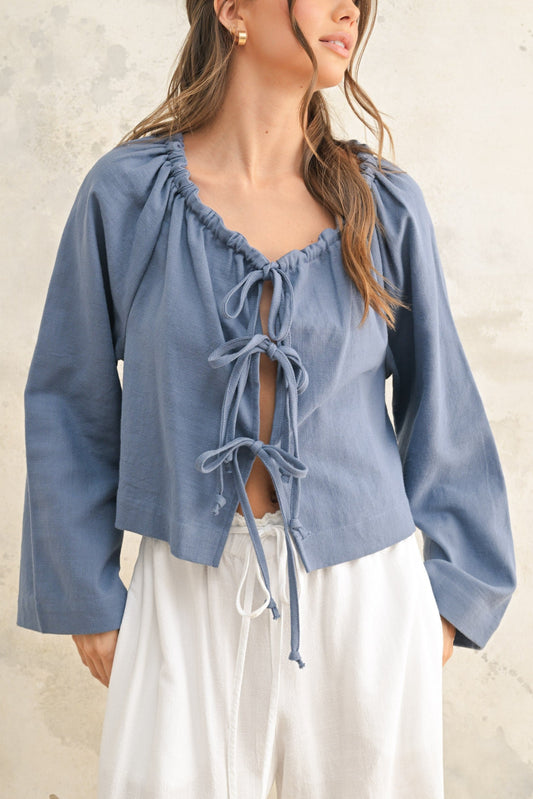 Linen Blend Tie Cardigan | Blue