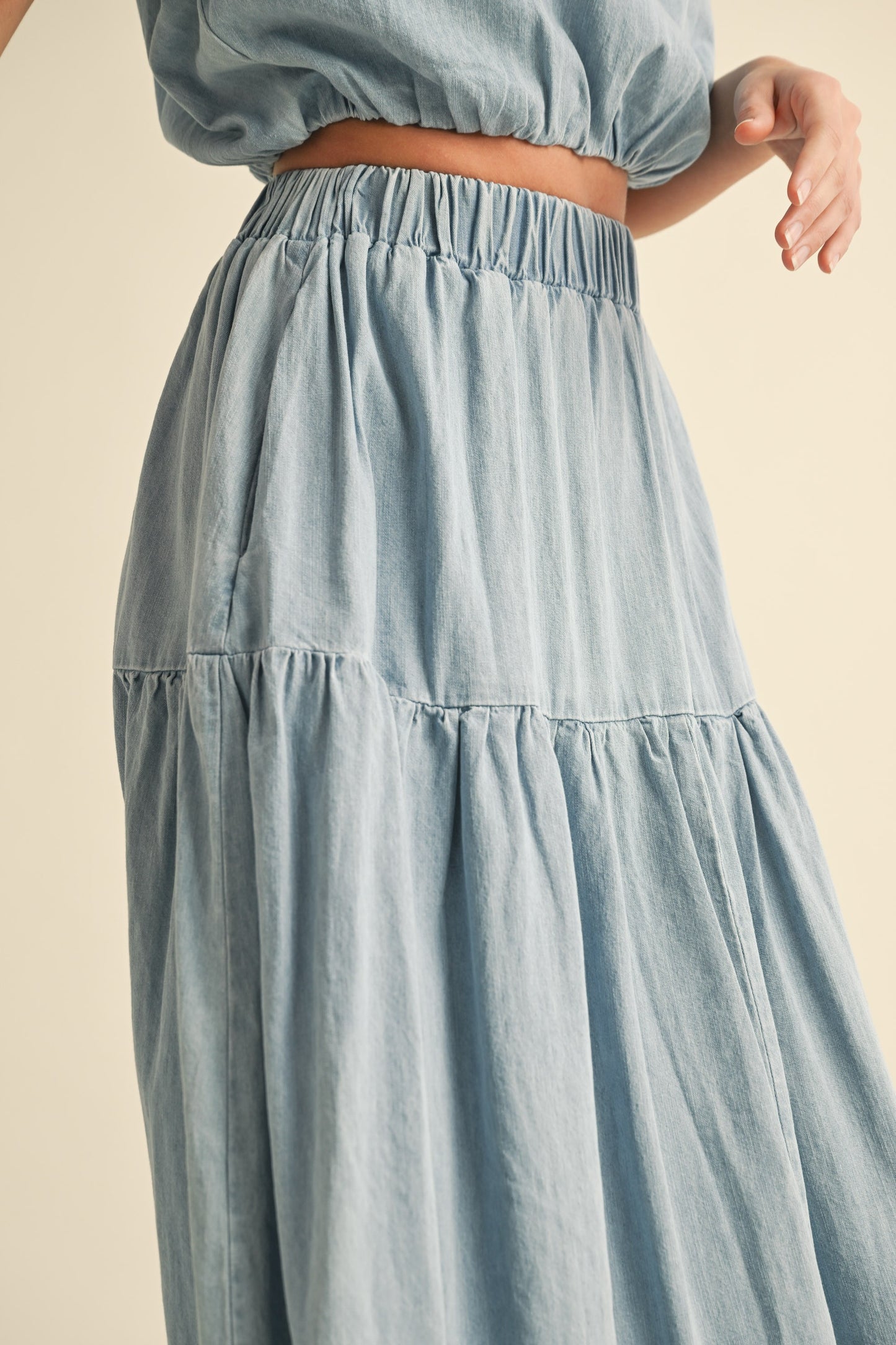 Tiered Denim Maxi Skirt | Light Wash