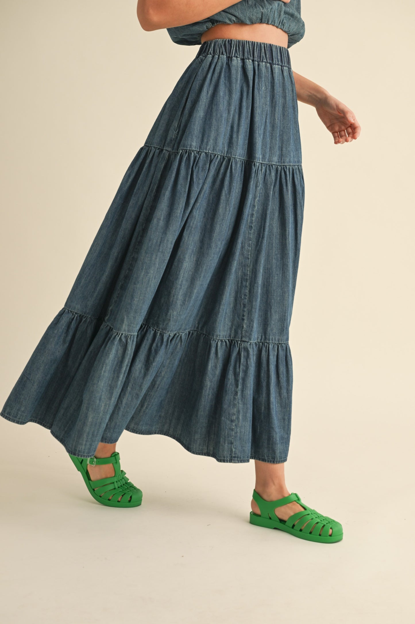 Tiered Denim Maxi Skirt