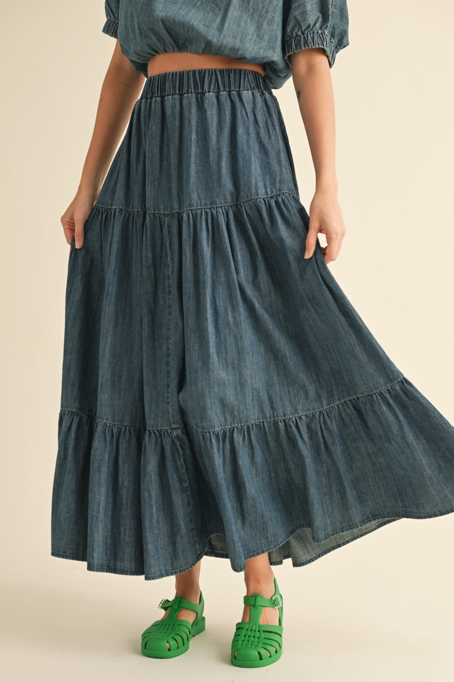 Tiered Denim Maxi Skirt