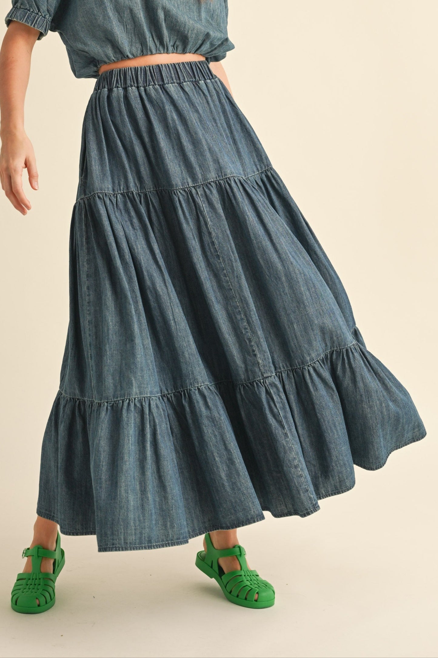 Tiered Denim Maxi Skirt