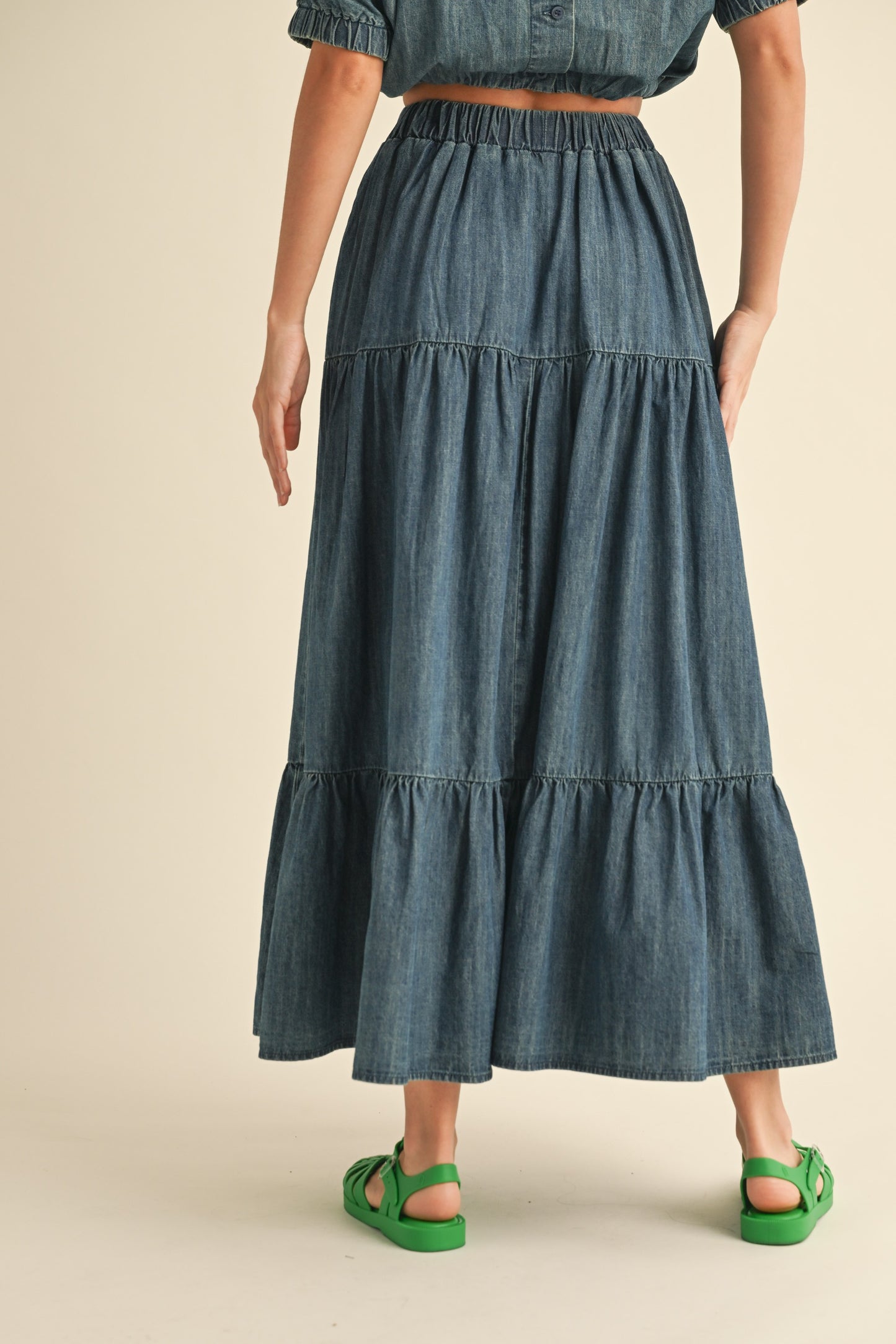 Tiered Denim Maxi Skirt