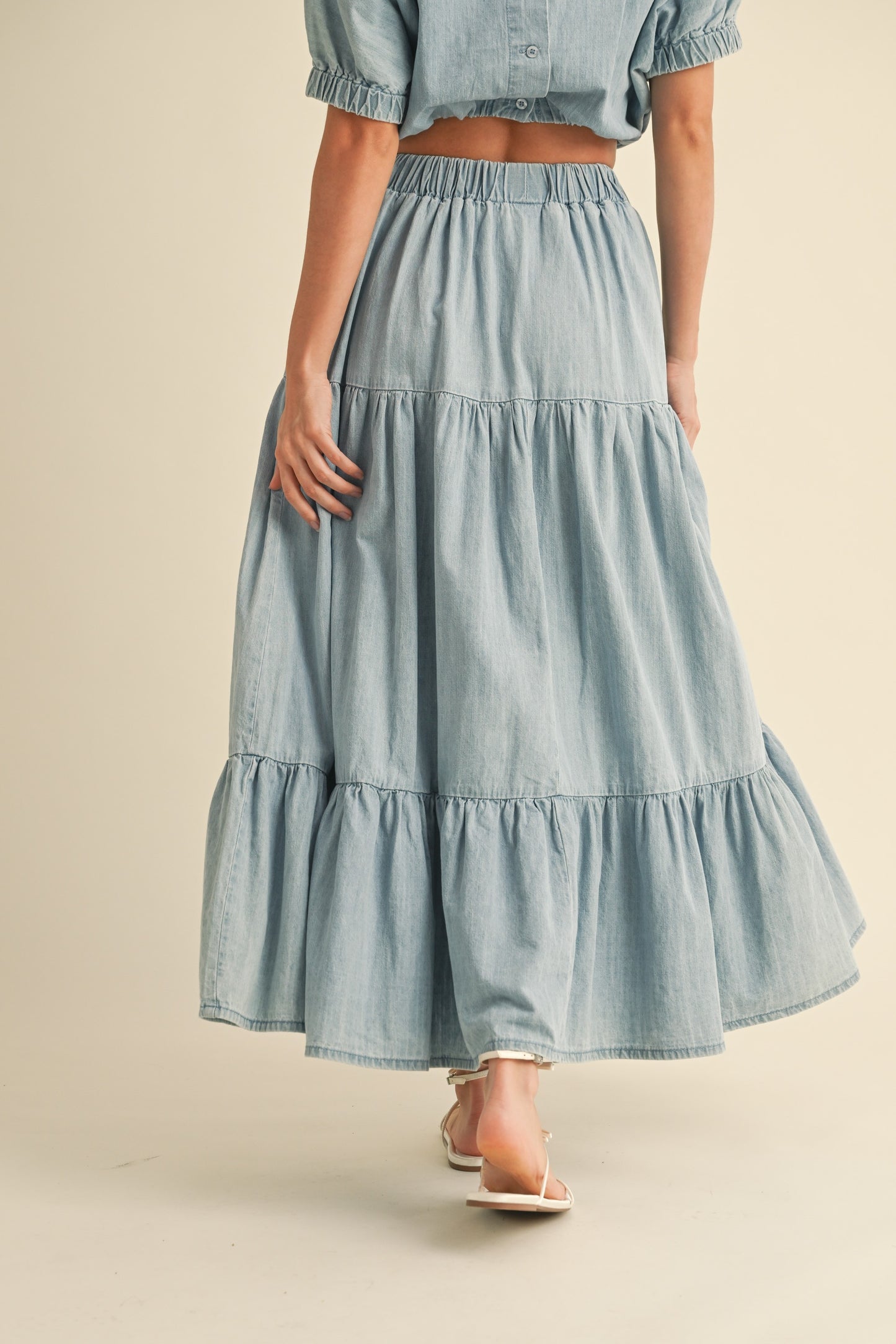 Tiered Denim Maxi Skirt | Light Wash