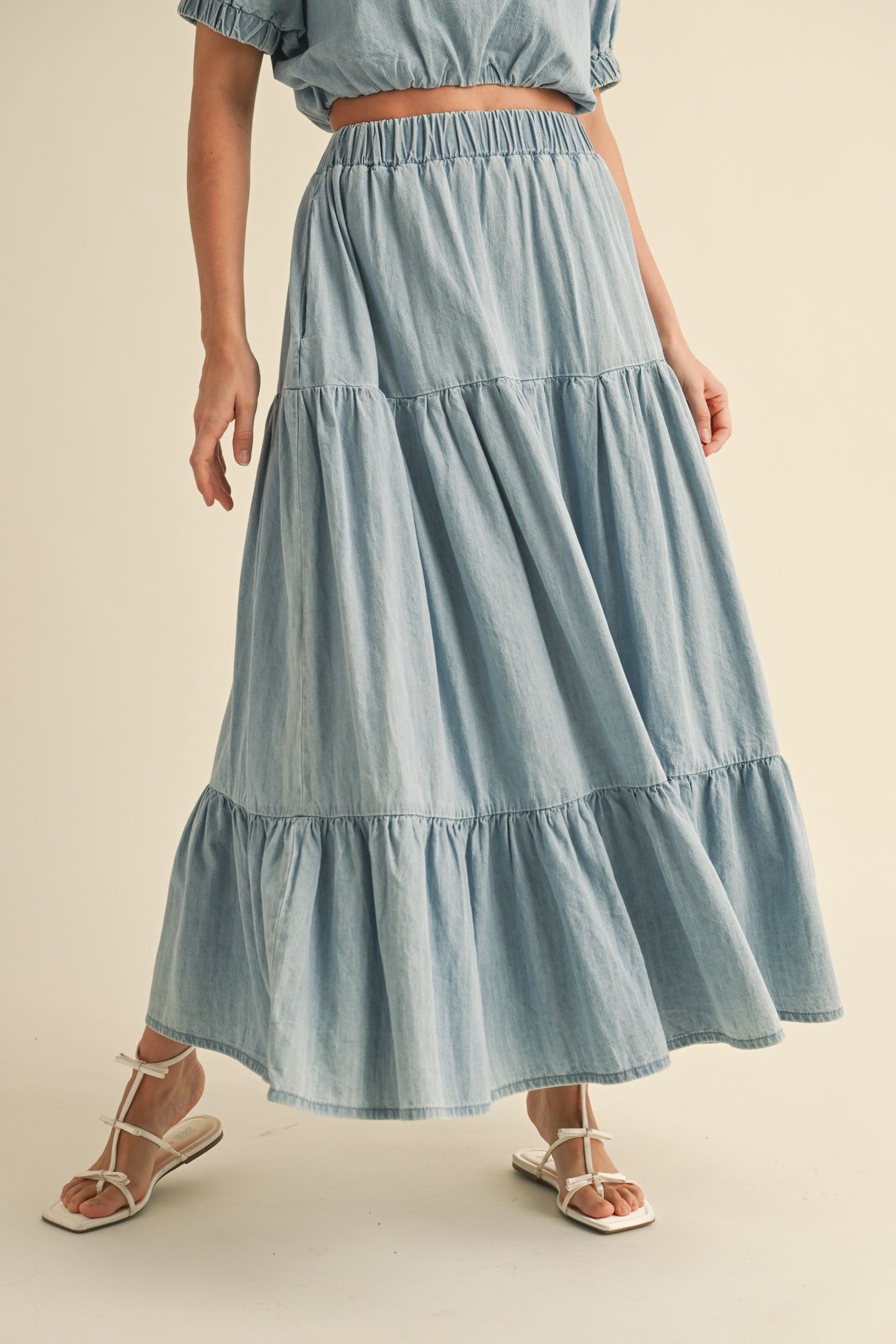 Tiered Denim Maxi Skirt | Light Wash