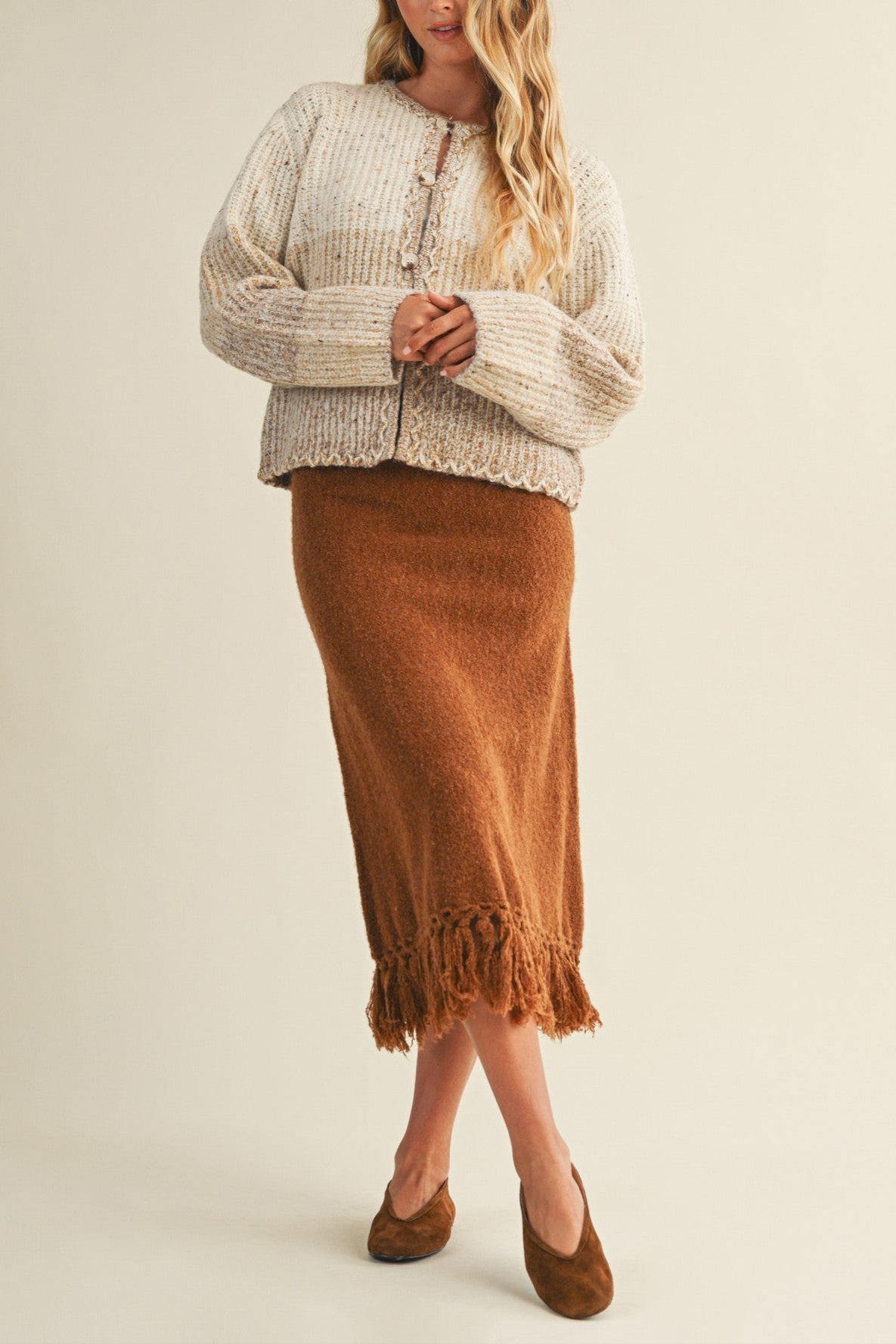 Wooly Love Ya Fringe Sweater Skirt | Camel