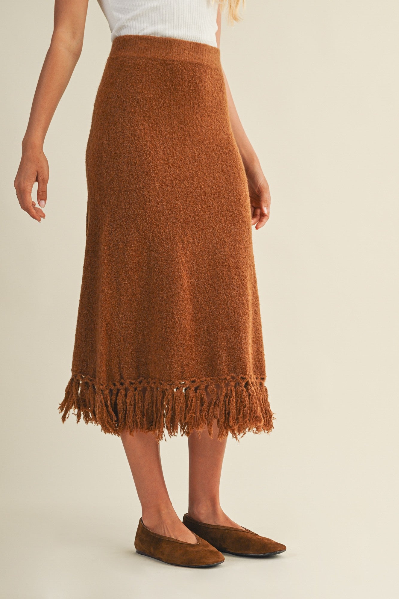 Wooly Love Ya Fringe Sweater Skirt | Camel