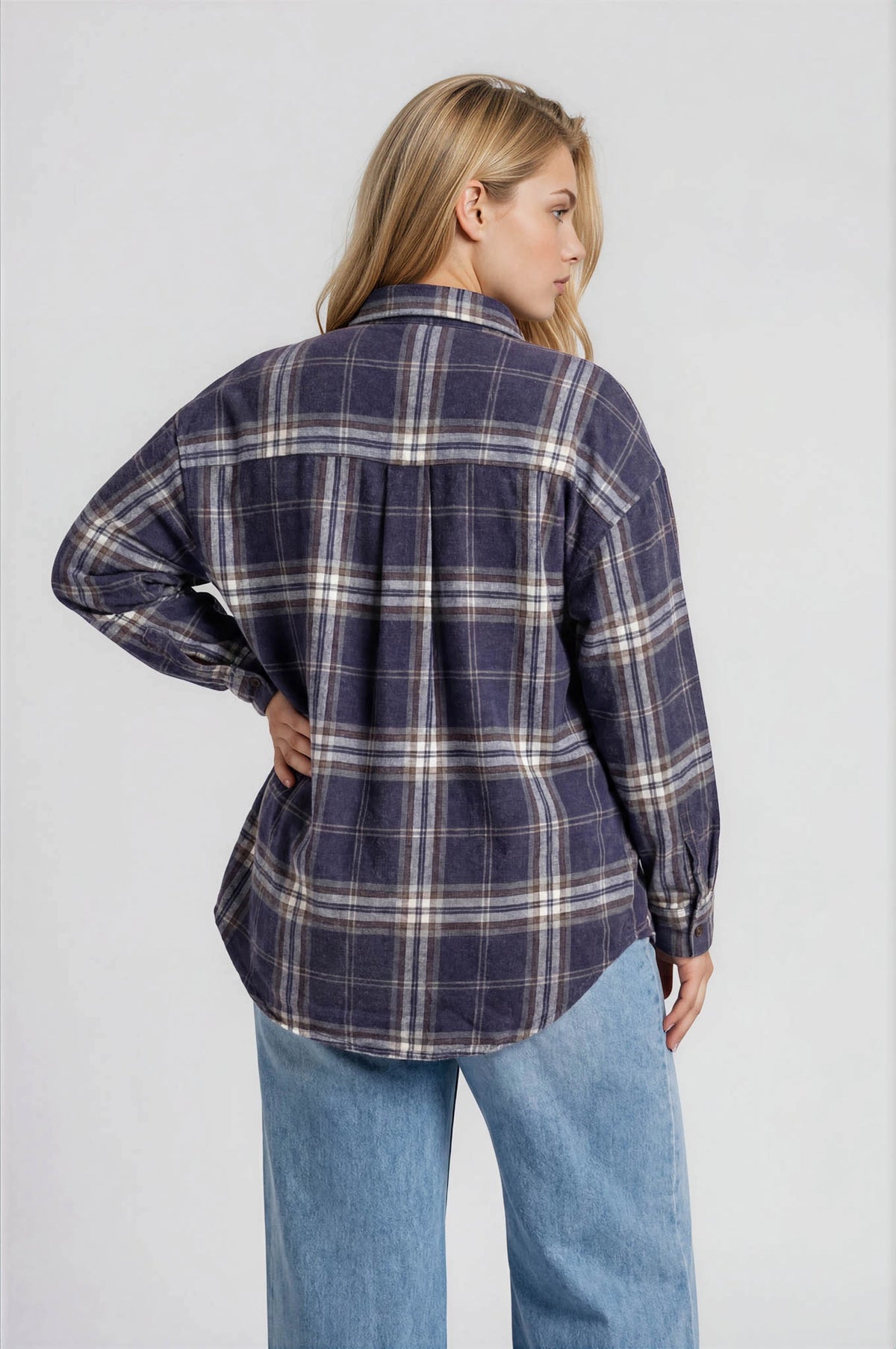 Boxy Plaid Button Up | Navy | Extended