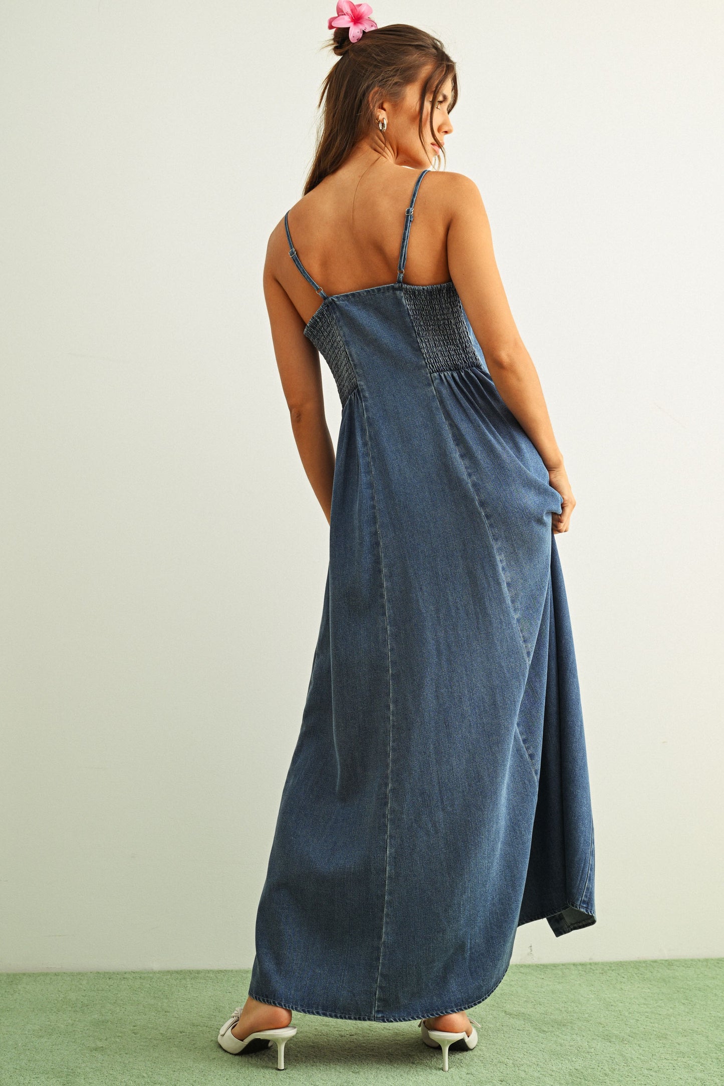 Button Front Denim Maxi Dress