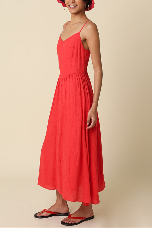 Deep Sea Linen Midi Dress | Red