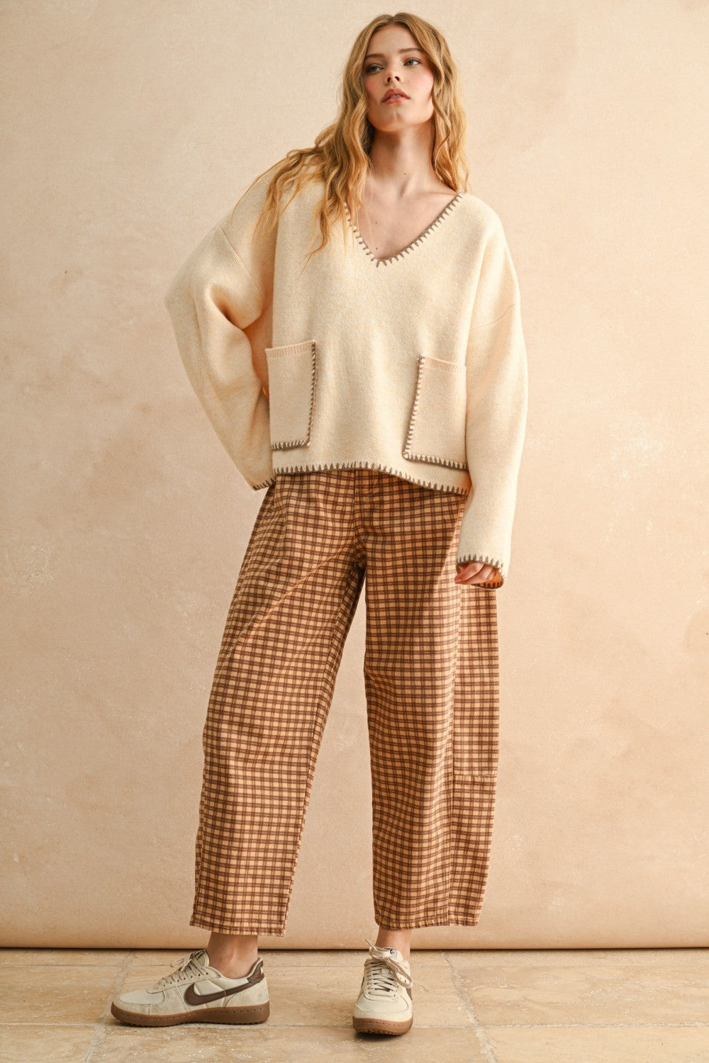 Mini Checkered Barrel Pants | Camel
