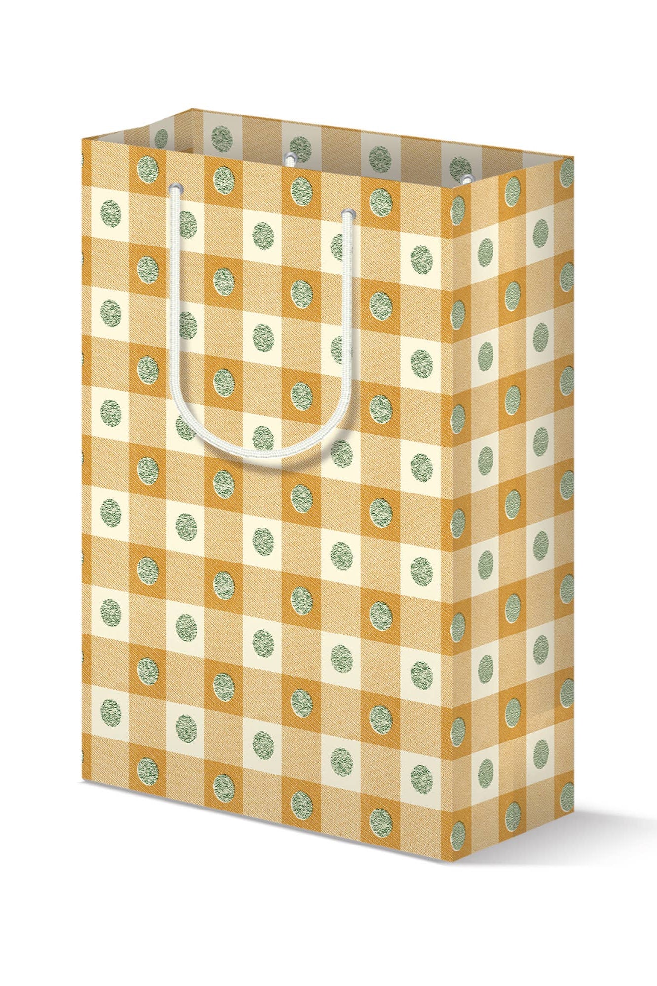 Gift bag with checkered pattern and green dots on a white background