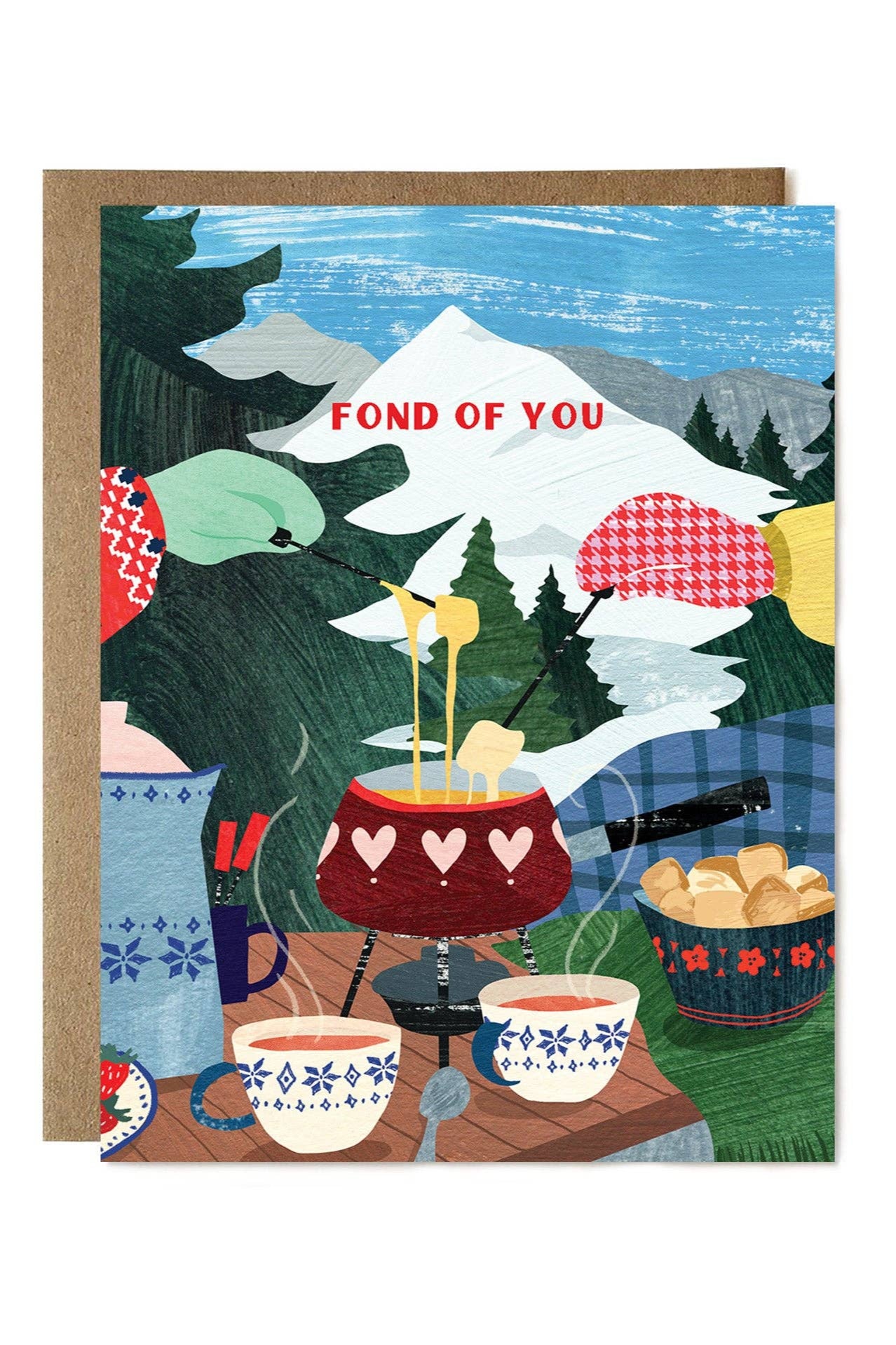 Greeting card with a winter scene, hot chocolate, and 'Fond of You' text.