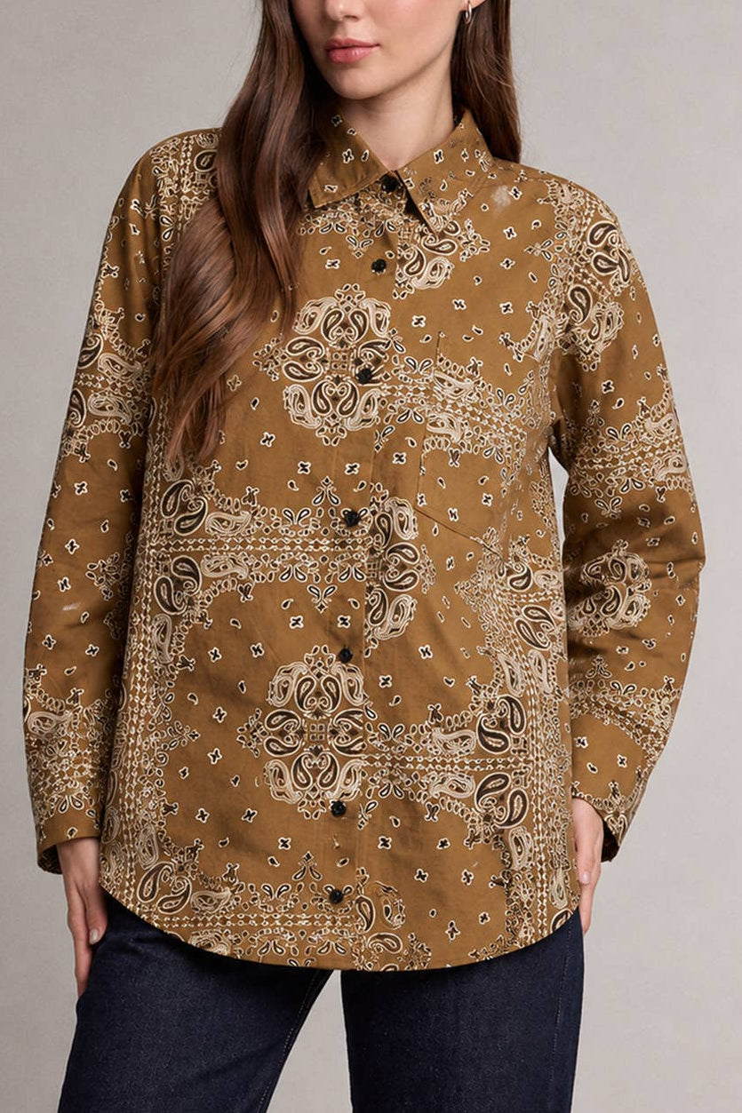 Golden Bandana Print Button-Up Shirt