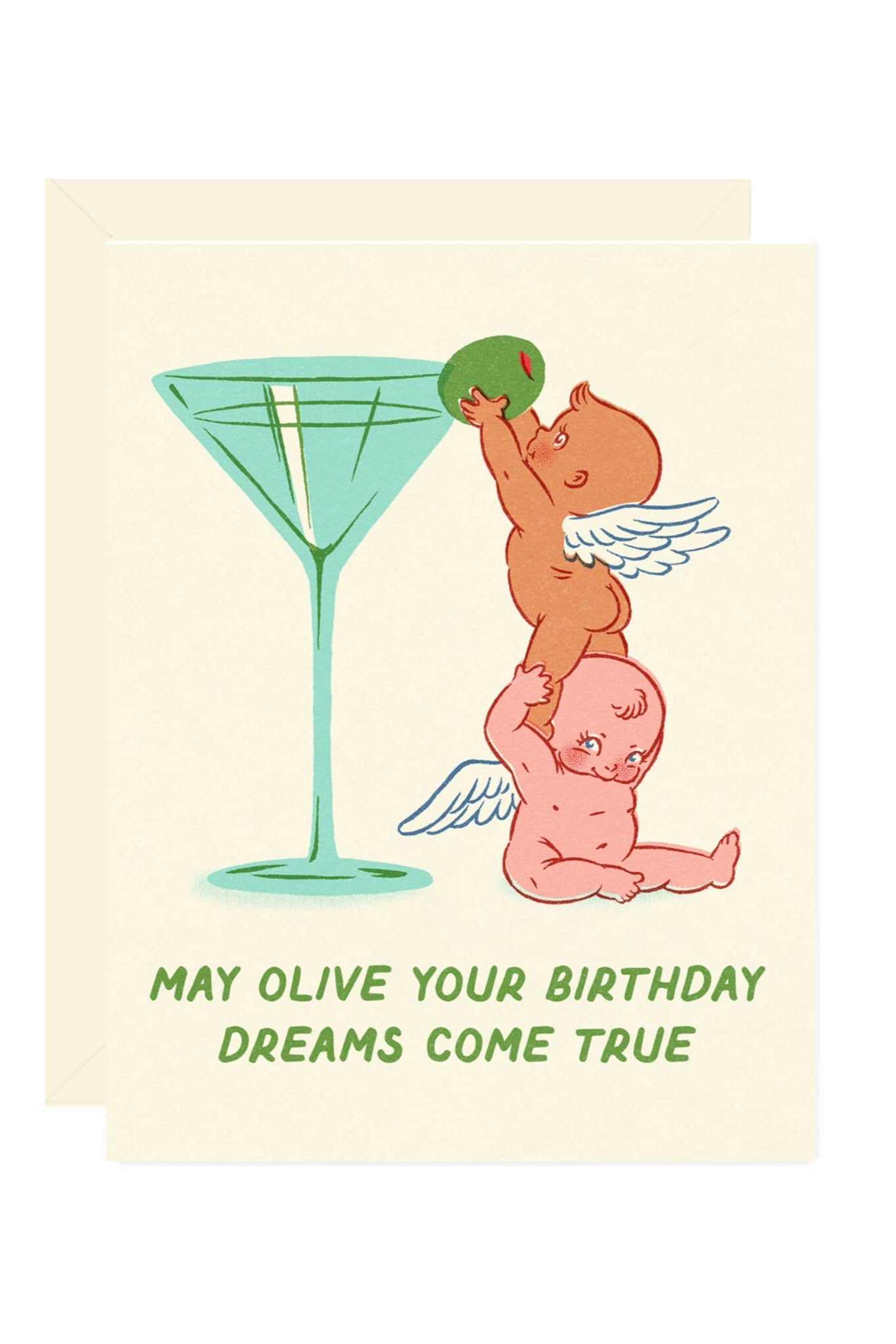Greeting card with cherubic figures and a cocktail, featuring text 'May olive your birthday dreams come true'.