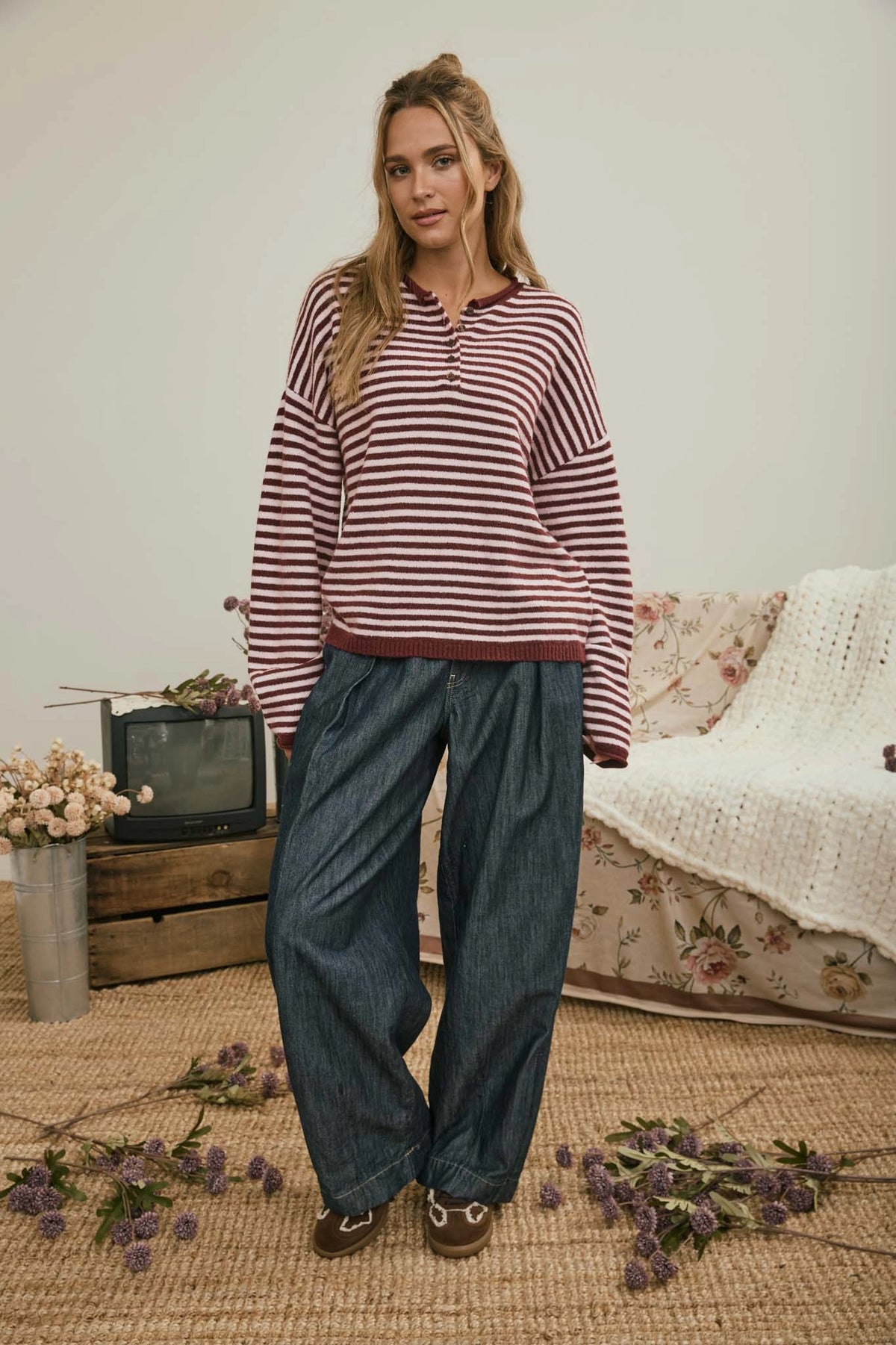 Piper Stripe Henley | Burgundy