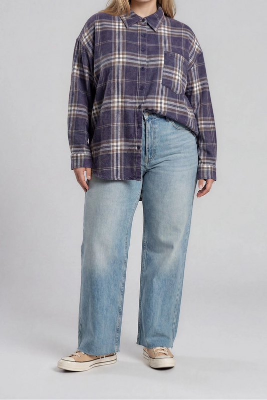 Boxy Plaid Button Up | Navy | Extended