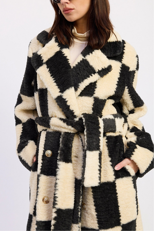 Checkered Faux Fur Coat