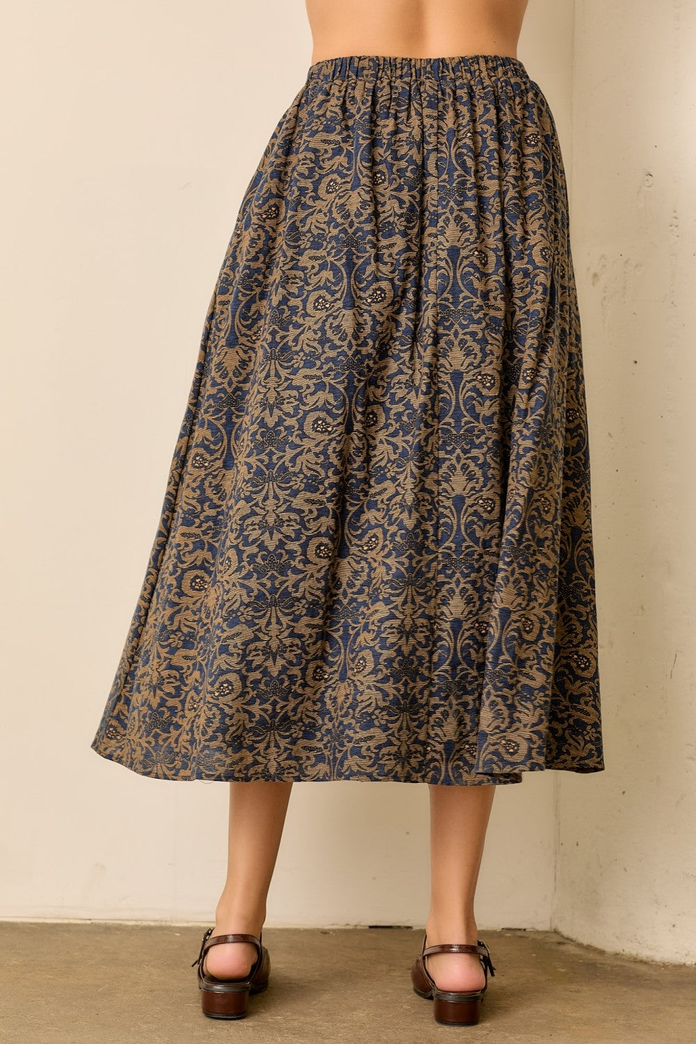 Navy Tapestry Midi Skirt