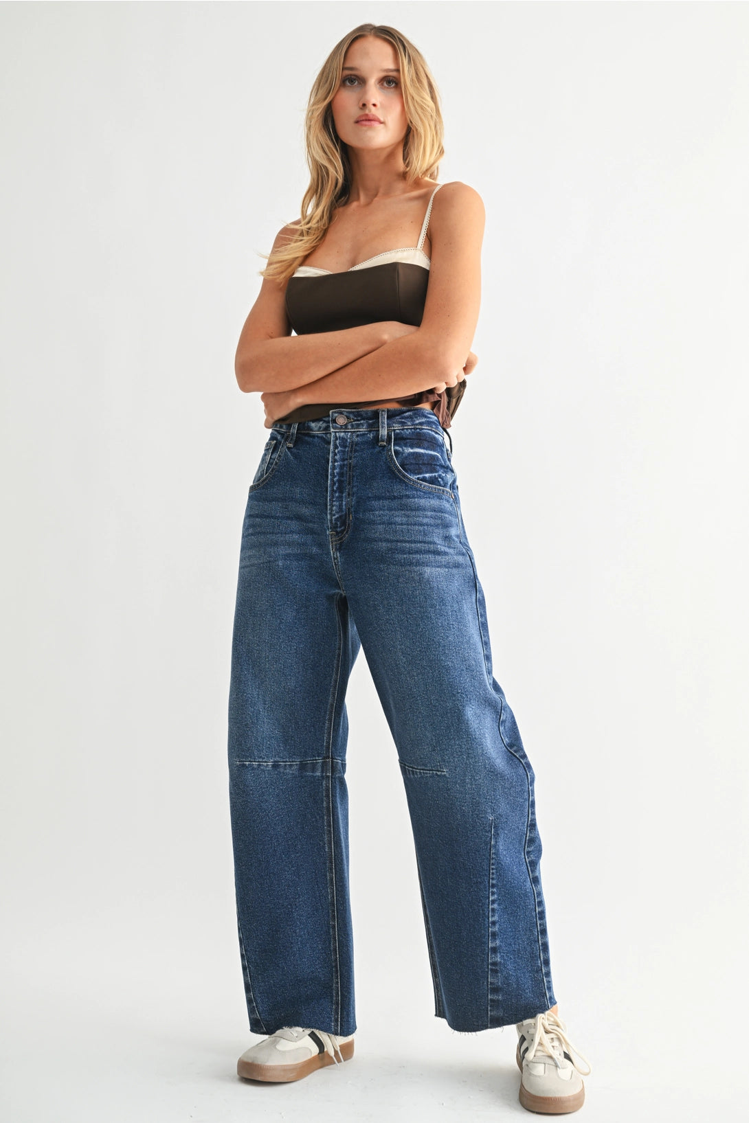 High Rise Barrel Leg Denim | Dark Wash