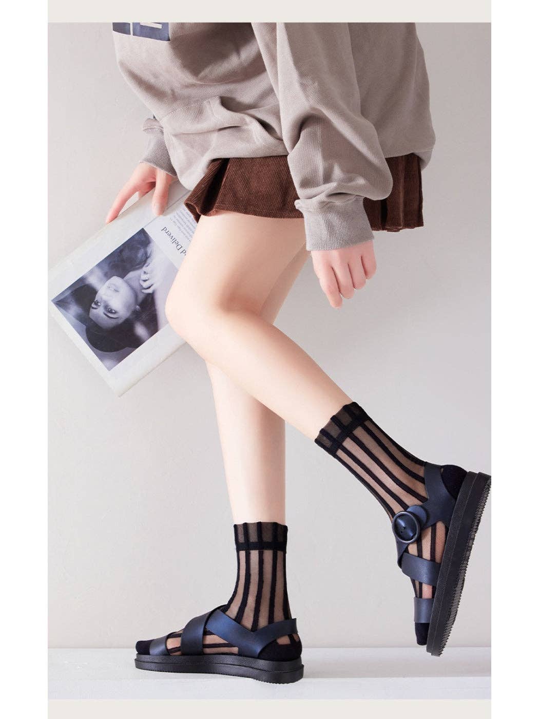 Sheer Stripe Crew Socks | Black