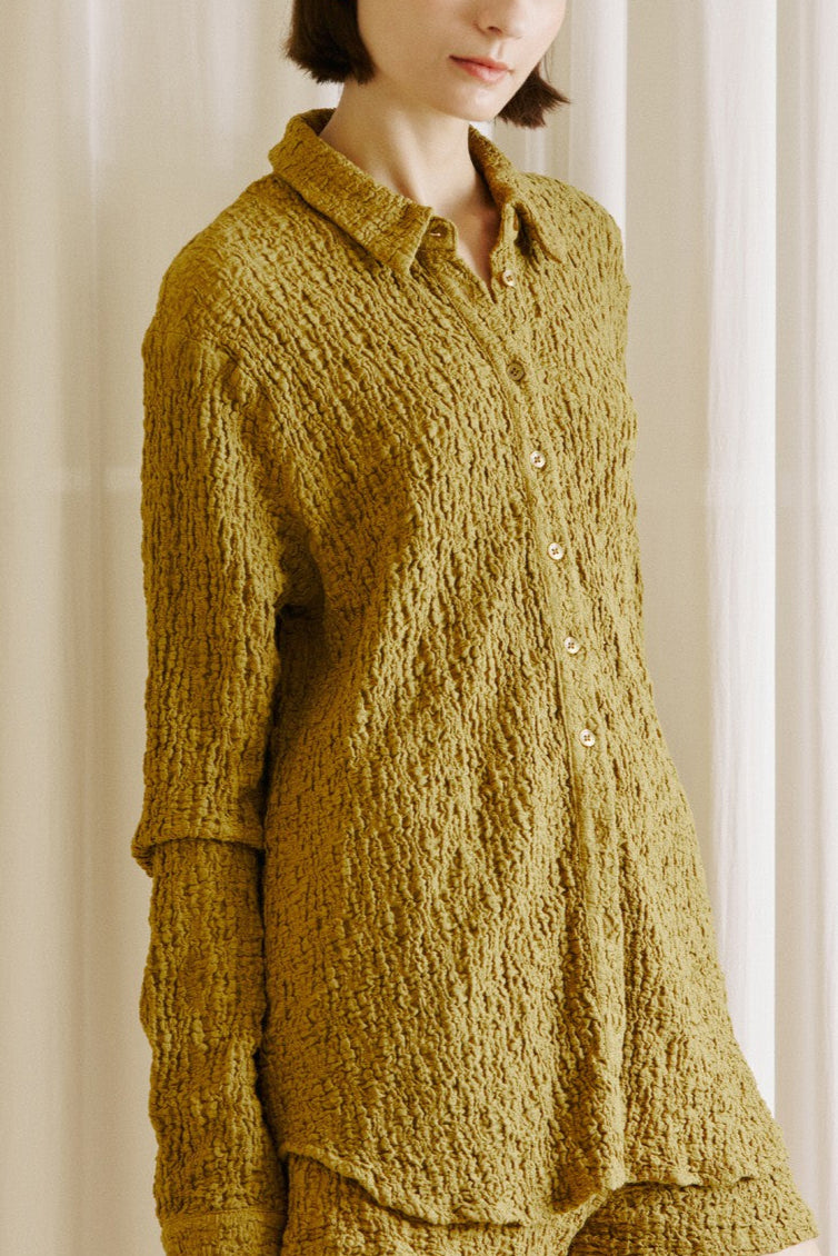 Scrunchie Textured Button Up Top