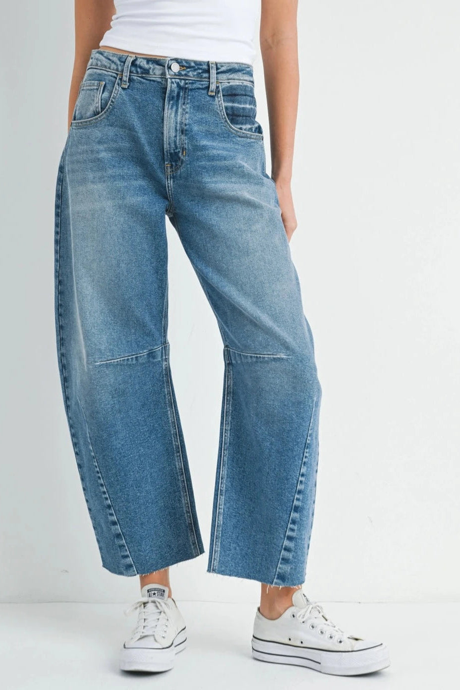 High Rise Barrel Leg Denim | Medium Wash