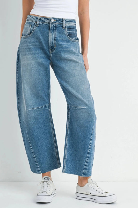 High Rise Barrel Leg Denim | Medium Wash