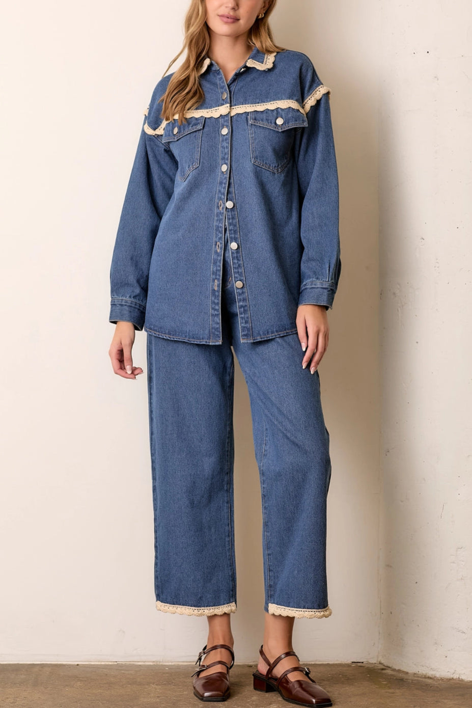 Crochet Trim Denim Shacket