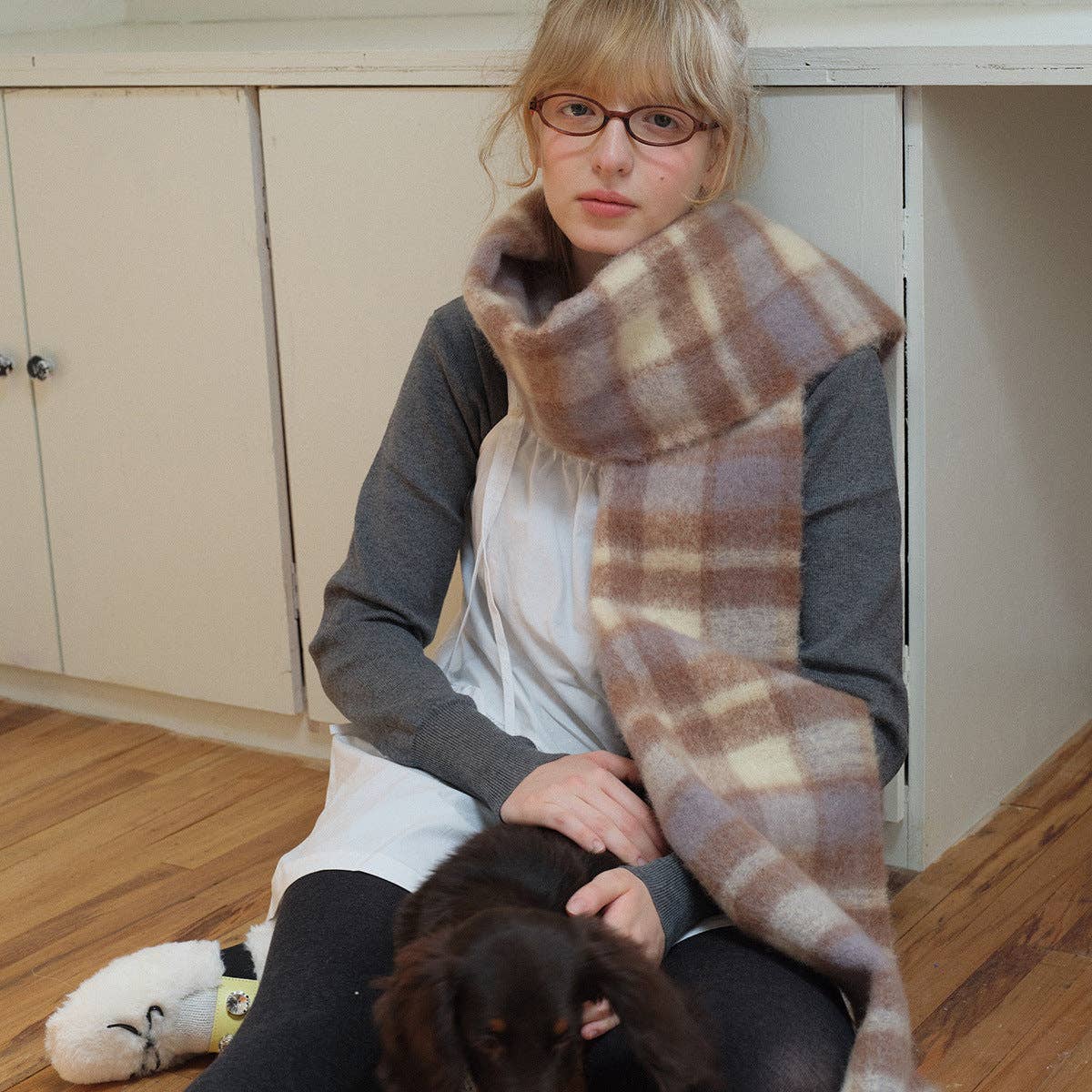 Plaid Wool Blend Scarf | Cream and Blue