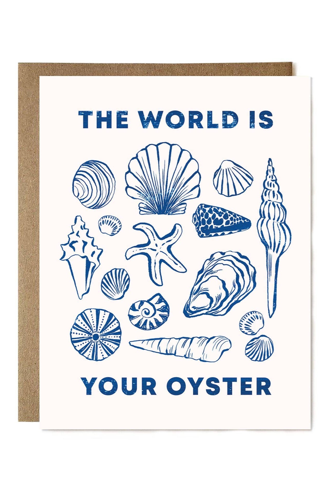 Card with blue seashell illustrations and 'The World Is Your Oyster' text on a white background.