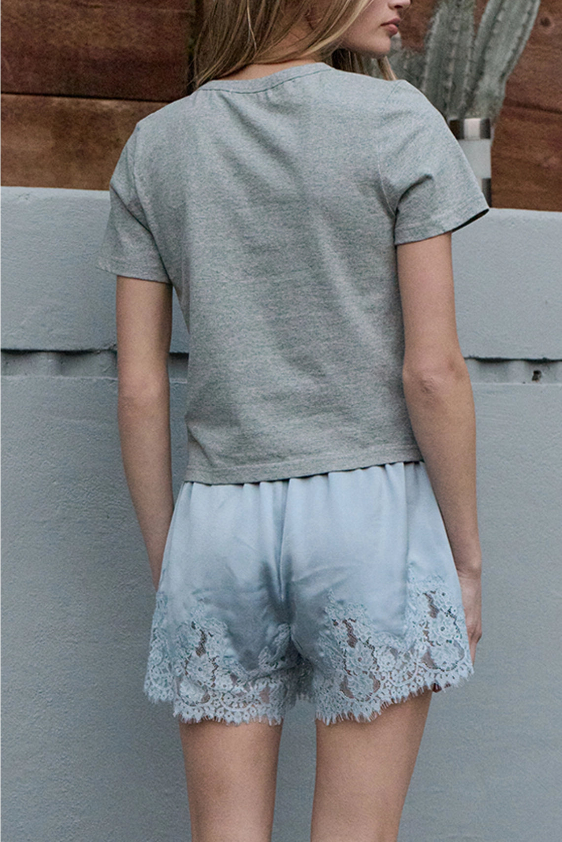 Lace Trim Satin Shorts | Blue