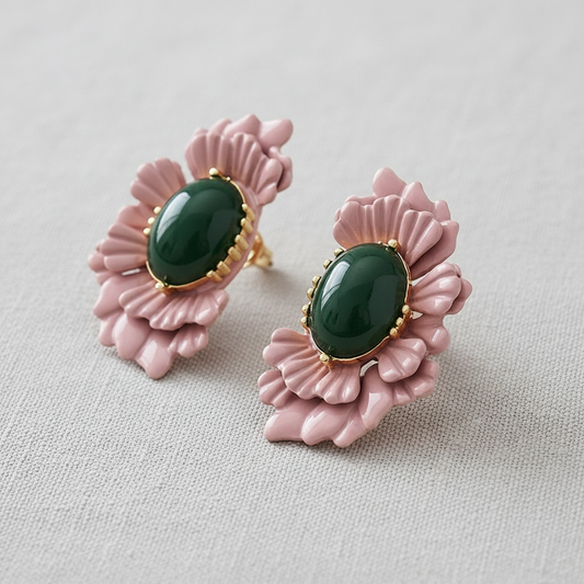 Pink + Green Flower Earrings