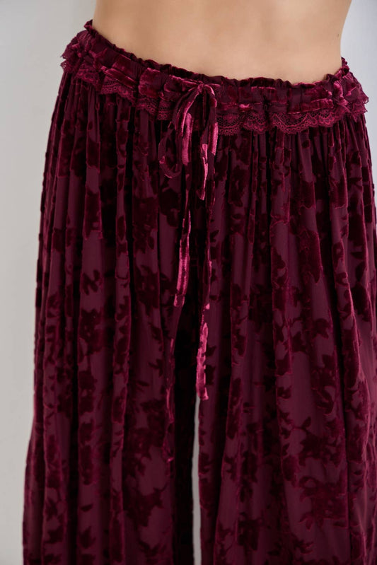 Burnout Velvet Lace Trim Pants | Burgundy