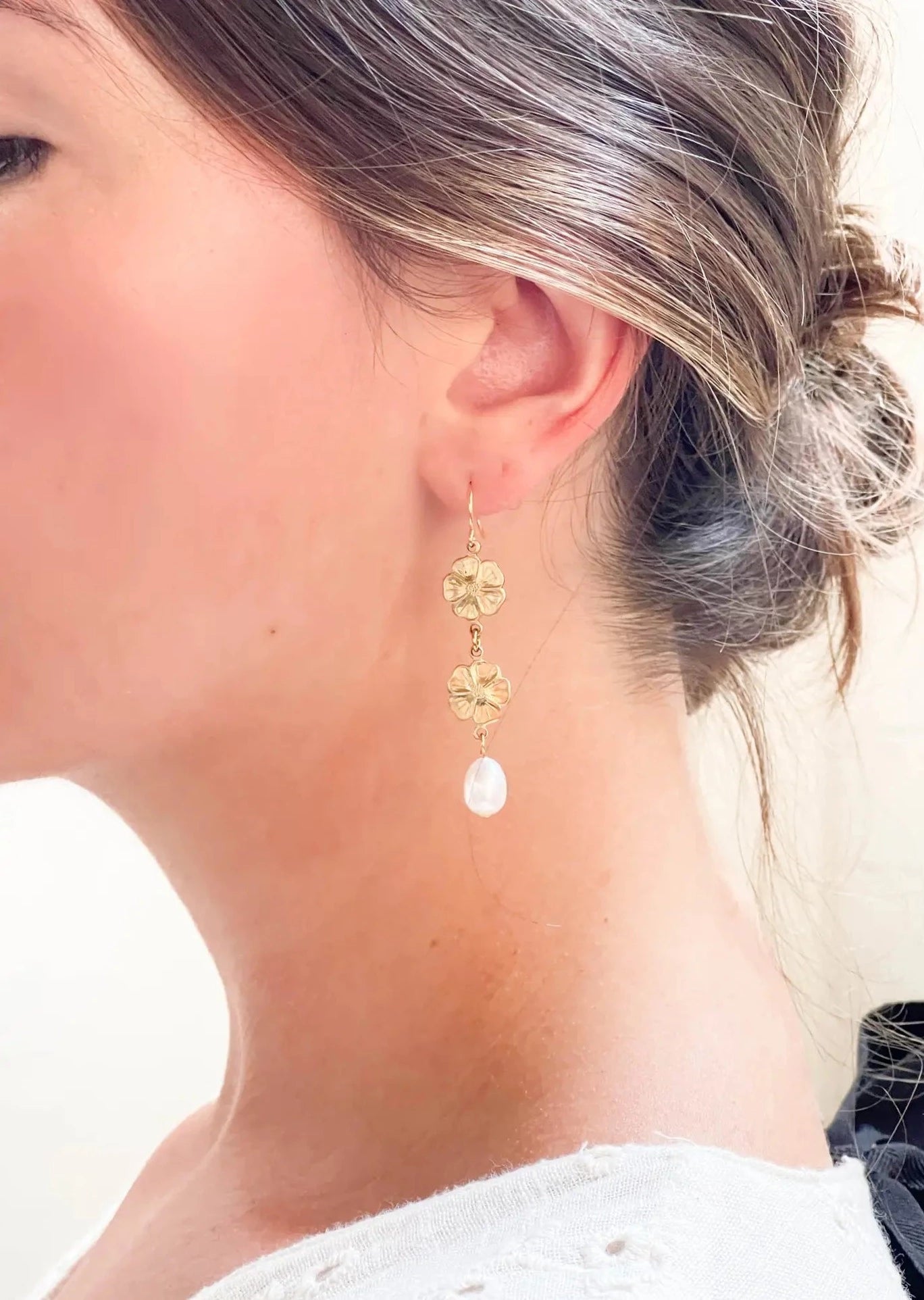 Pearl and Two Flower Dangle Earrings