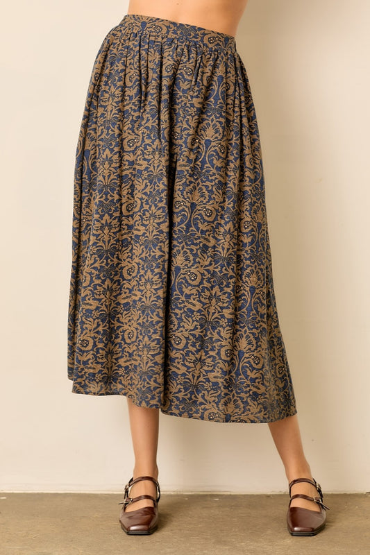 Navy Tapestry Midi Skirts