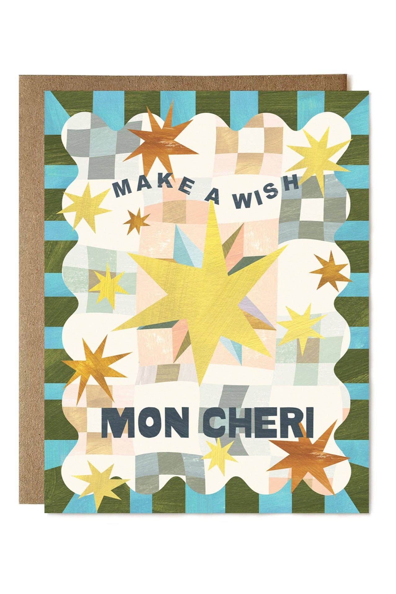 Greeting card with star designs and text 'Make a Wish Mon Cheri' on a striped background