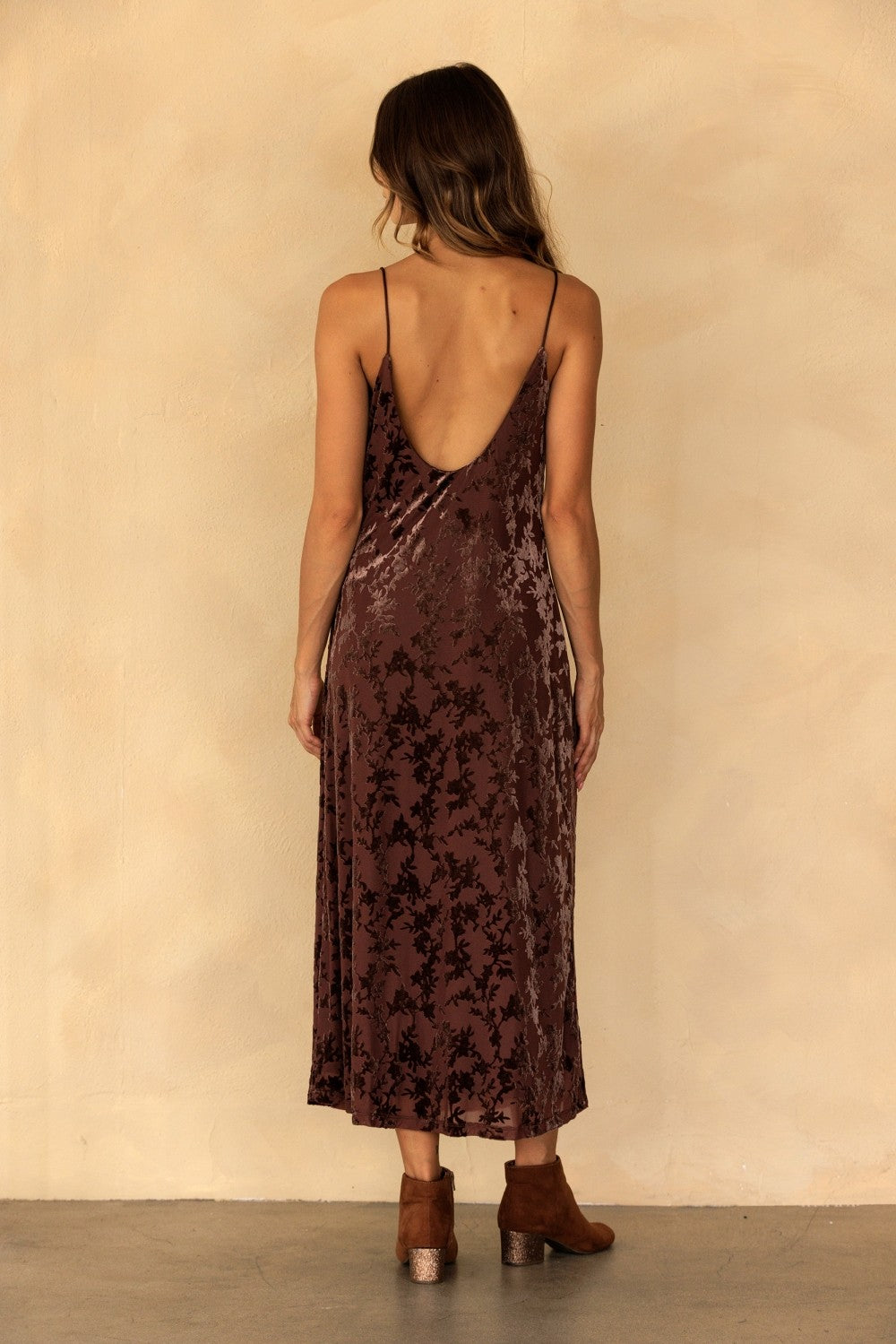Ives Velvet Floral Print Midi Dress