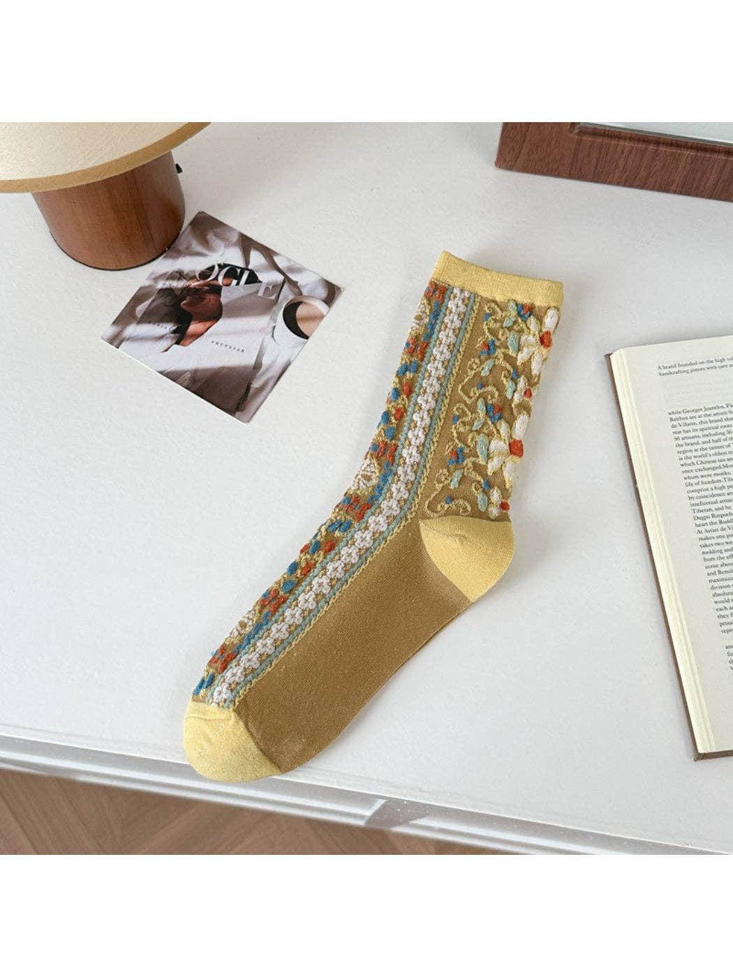 Textured Floral Ribbon Socks | Yellow